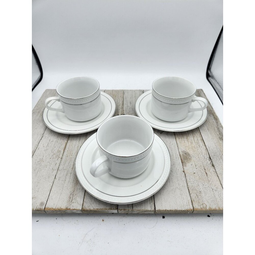 Gibson Elite White Hobnail silver Cup and Saucer set Beaded Replacement Set Of 3